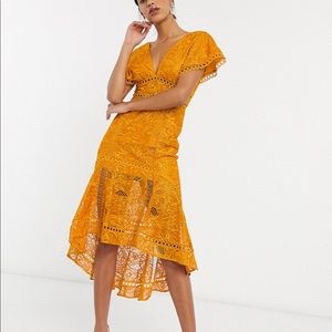 ASOS yellow lace midi dress
